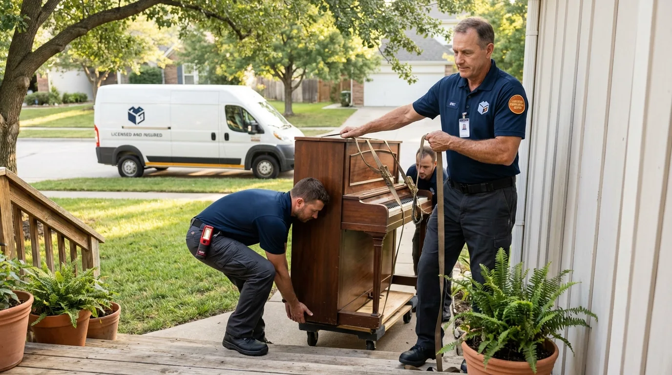 Licensed piano movers securing grand piano in Kennett, MO
