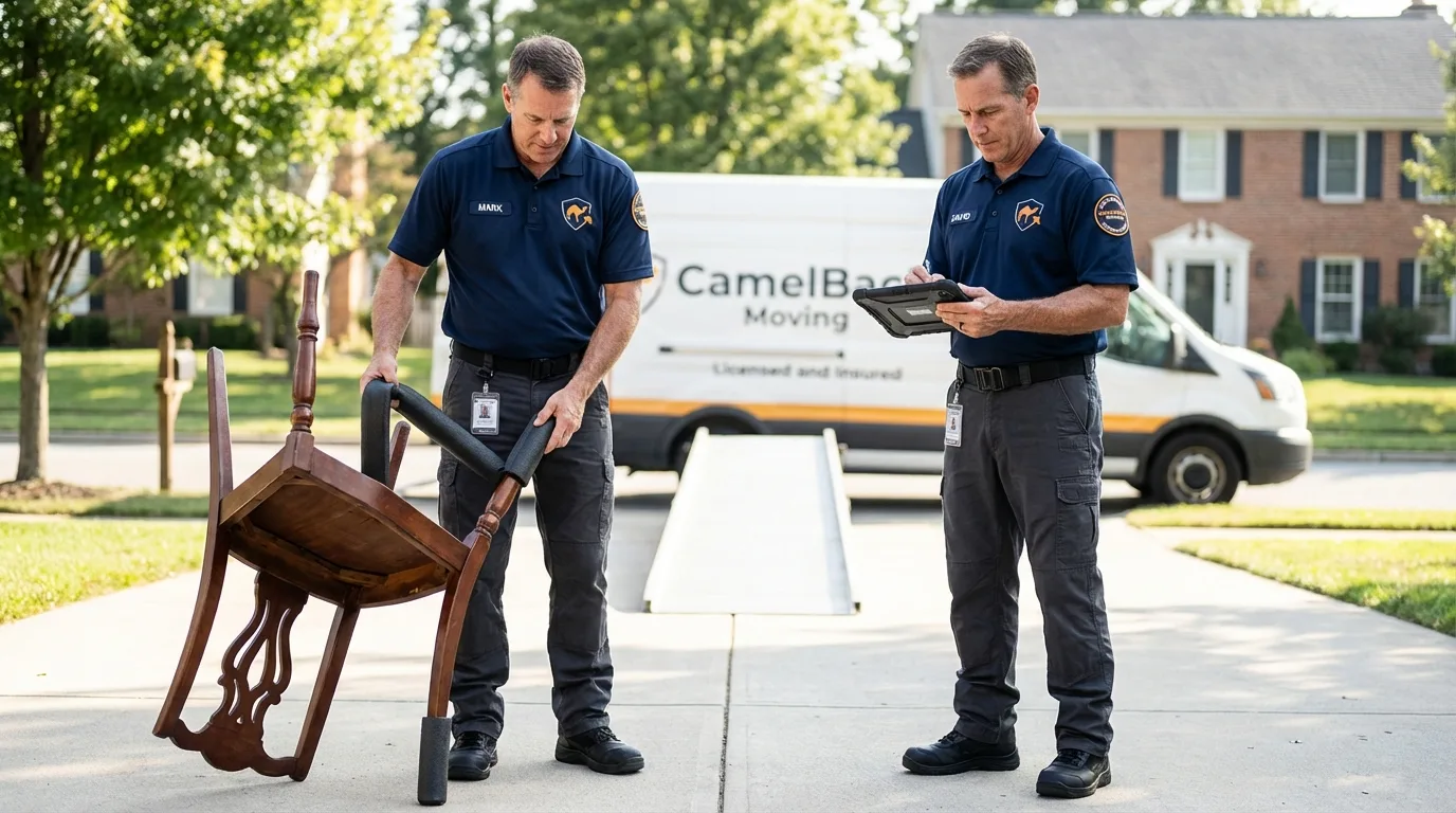 Movers inspecting furniture for damage prevention before loading in Kennett, MO