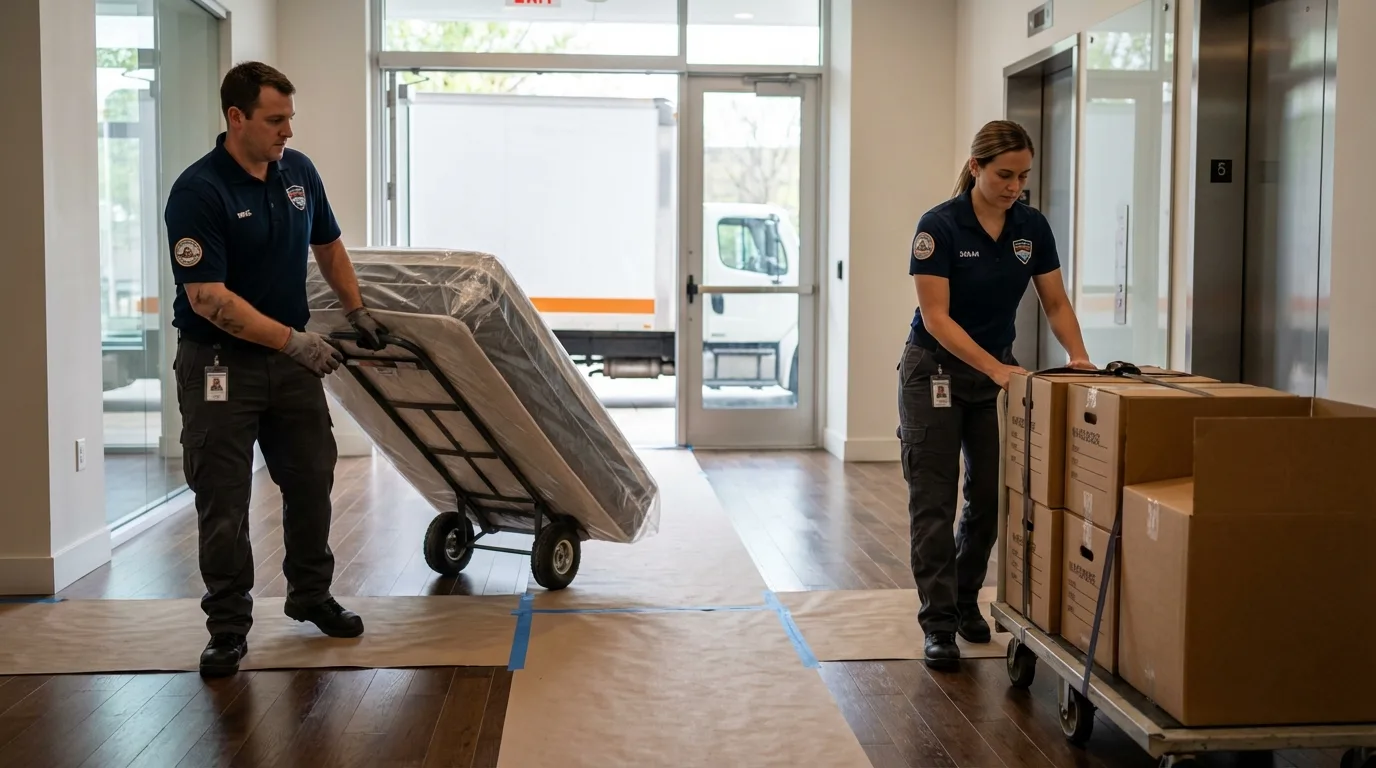 Professional apartment movers loading elevator in Kennett, MO